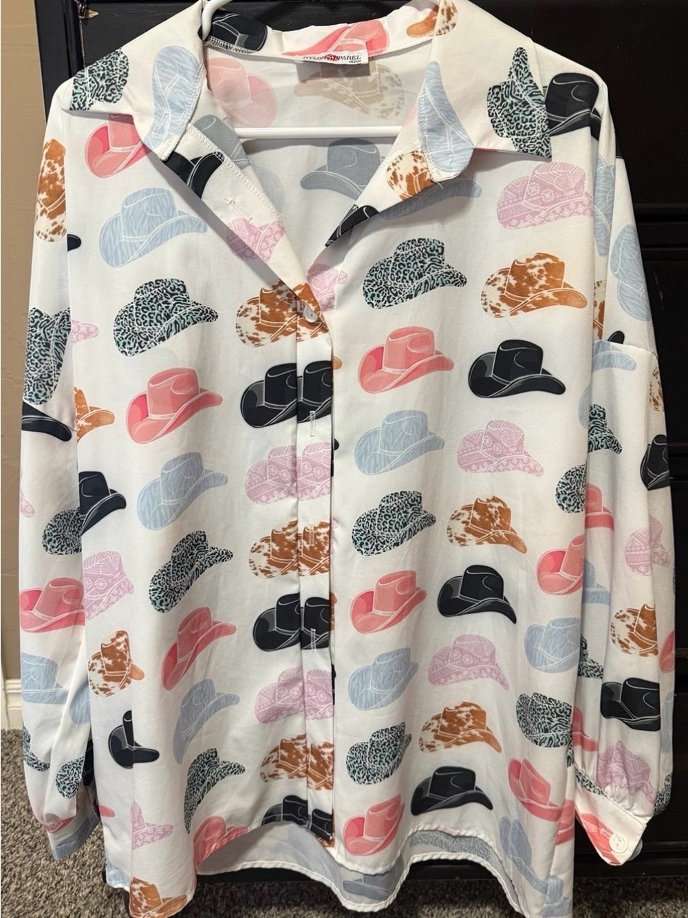 Woven Button-Down Shirt with Multi Hat Print - White